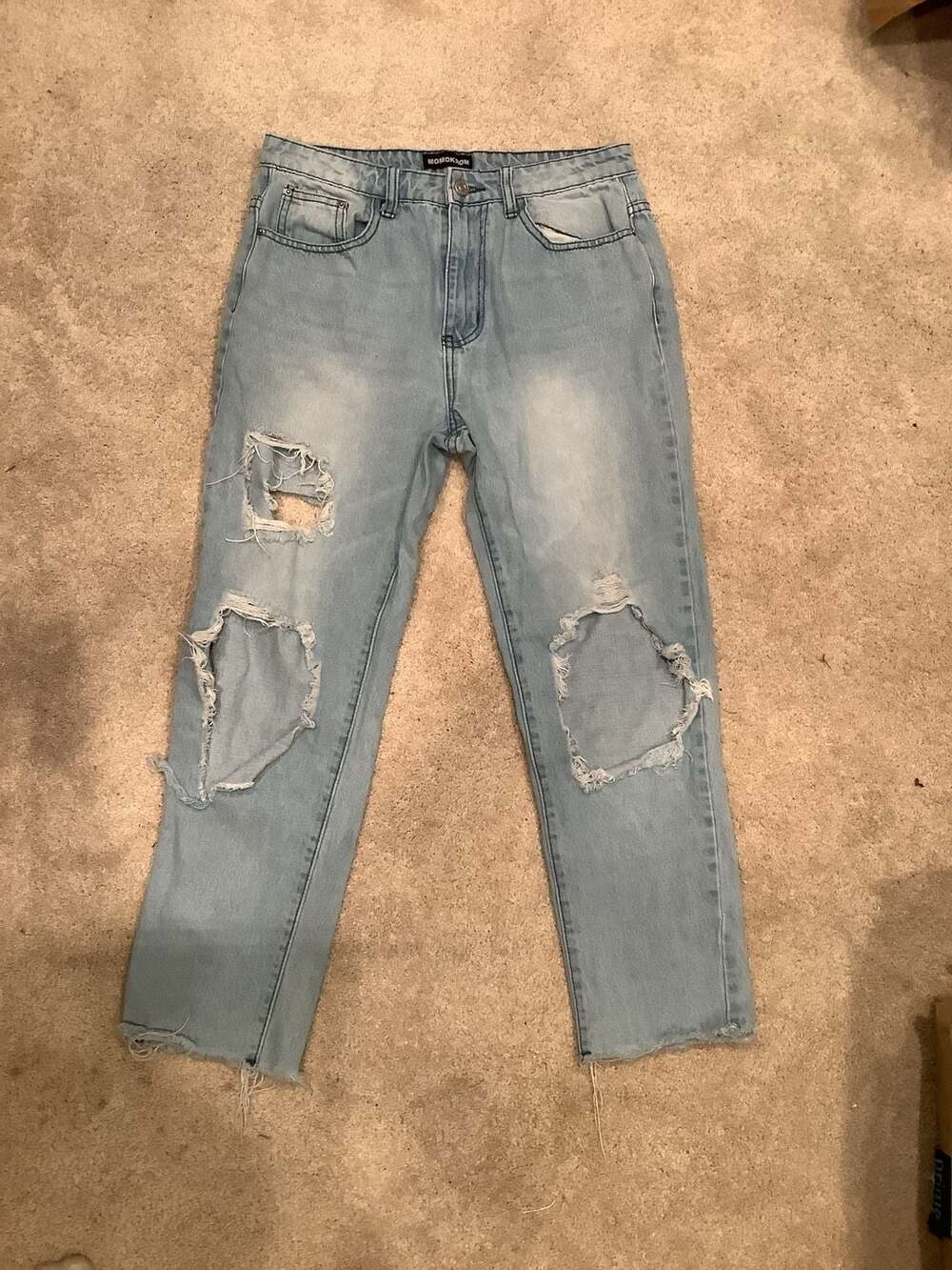 Momokrom High Rise Distressed Raw Hem Light Wash Denim Jeans Size 10